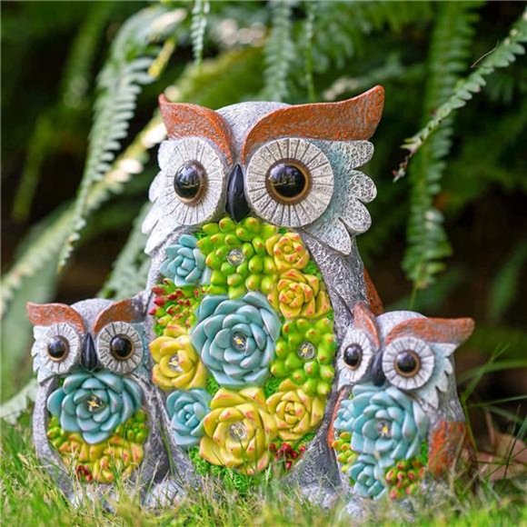 Owl Garden Outdoor Statue, Solar Figurine LED Lights, Succulent Plants - Picture 1 of 5